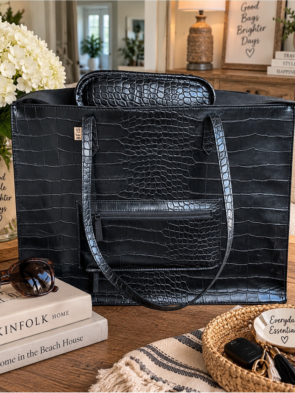 BEIS The Large Work Tote Black Croc Embossed Vegan Leather Laptop Shoulder Bag